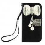 Wholesale iPhone 5 5S Crystal Flip Leather Wallet Case with Stand Strap (RibbonBow Black)